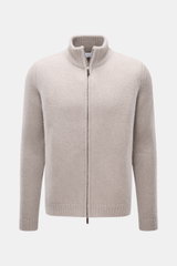 Front view of Iris von Arnim Cashmere-silk cardigan 'Felias' sand featuring a slim fit, voluminous knit pattern, two-way zipper, ribbed stand-up collar, comfortable ribbed cuffs, made from a mix of cashmere and silk with a very soft feel.