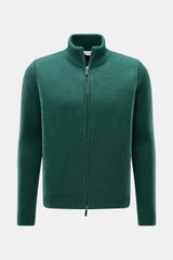Iris von Arnim Cashmere-Seide Strickjacke 'Felias' grün, frontal fotografiert, Slim Fit, voluminöses Strickbild, weicher Griff, Stehkragen, Horn-Reißverschluss.