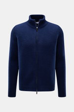 Front view of Iris von Arnim Cashmere-silk cardigan 'Felias' dark blue, slim fit with voluminous knit, two-way zipper, ribbed stand-up collar, comfortable ribbed cuffs, made of a mix of cashmere and silk with a very soft feel.