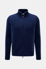 Front view of Iris von Arnim Cashmere-silk cardigan 'Felias' dark blue, slim fit with voluminous knit, two-way zipper, ribbed stand-up collar, comfortable ribbed cuffs, made of a mix of cashmere and silk with a very soft feel.
