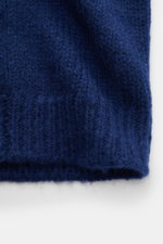 Close-up view of the Iris von Arnim Cashmere-silk cardigan 'Felias' dark blue, showing voluminous knit pattern, ribbed stand-up collar, and ribbed cuffs, highlighting the mix of cashmere and silk with a very soft feel, slim fit, and two-way zipper.