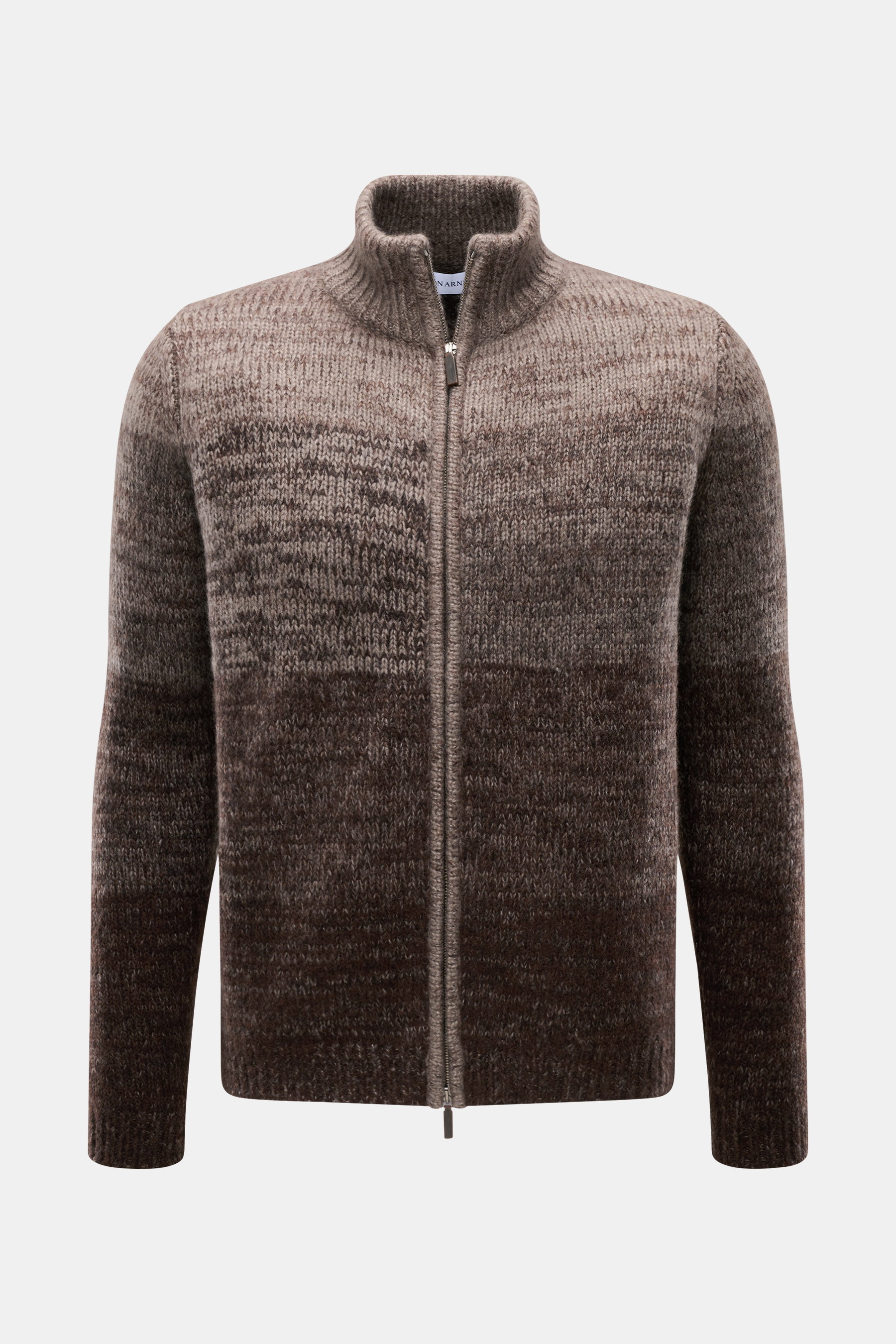 Iris von Arnim Strickjacke 'Felias' taupe/dunkelbraun meliert, frontale Nahaufnahme, Seiden-Cashmere, grober Strick, Stehkragen, Zwei-Wege-Reißverschluss, Regular Fit.