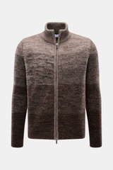 Iris von Arnim Strickjacke 'Felias' taupe/dunkelbraun meliert, frontale Nahaufnahme, Seiden-Cashmere, grober Strick, Stehkragen, Zwei-Wege-Reißverschluss, Regular Fit.