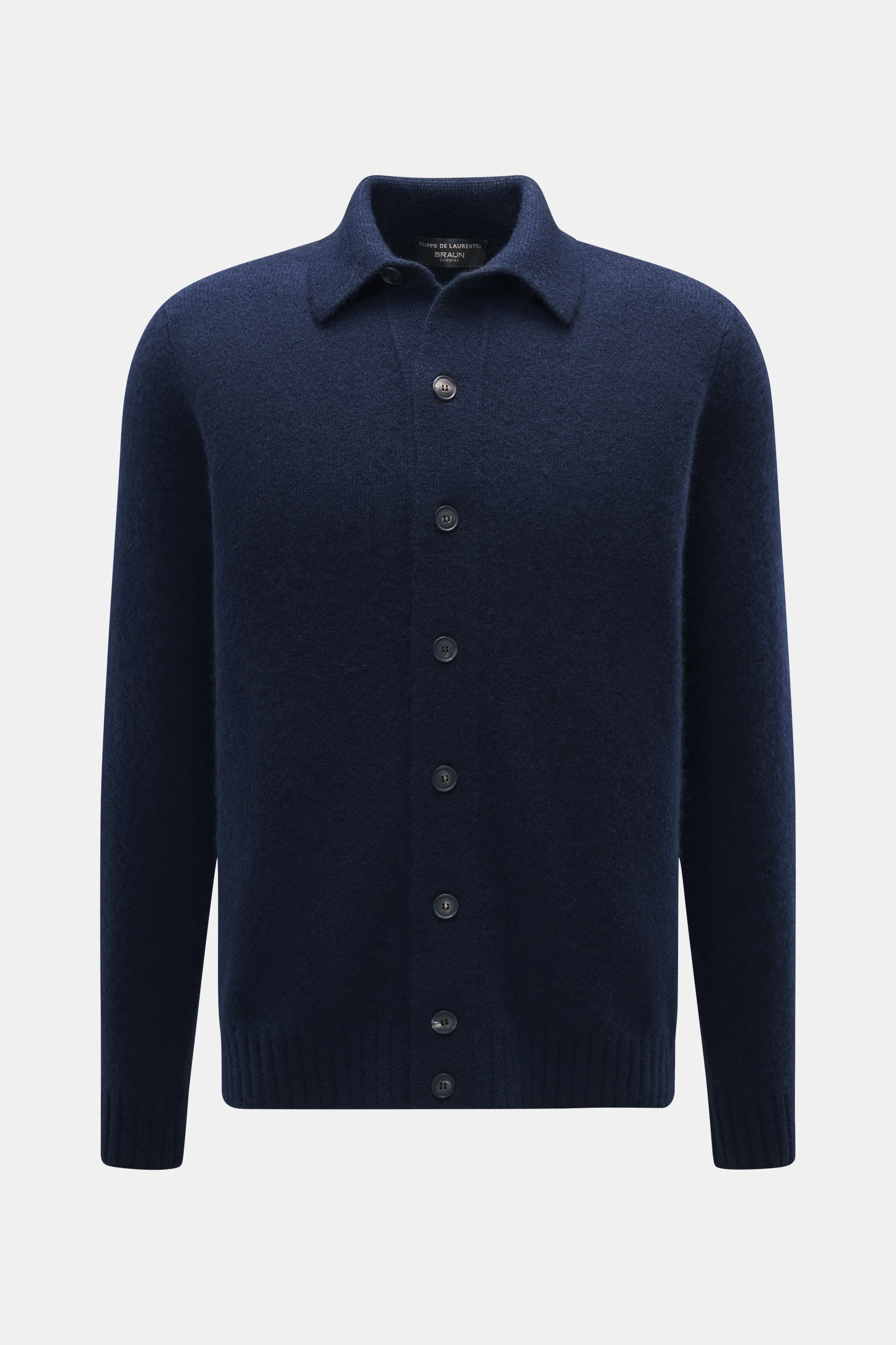 Front view of Filippo de Laurentiis Cardigan navy, featuring a mix of cashmere, silk, microfiber, soft voluminous feel, medium-fine knit, oversized fit, turn-down collar, and ribbed cuffs.