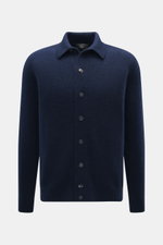 Filippo de Laurentiis Cardigan navy, Frontalaufnahme, Mix aus Cashmere, Seide, Microfaser, weicher Griff, mittelfeines Strickbild, Oversized Fit, Umlegekragen, Rippbündchen.