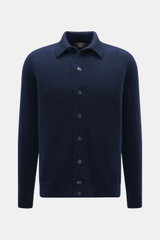 Filippo de Laurentiis Cardigan navy, Frontalaufnahme, Mix aus Cashmere, Seide, Microfaser, weicher Griff, mittelfeines Strickbild, Oversized Fit, Umlegekragen, Rippbündchen.