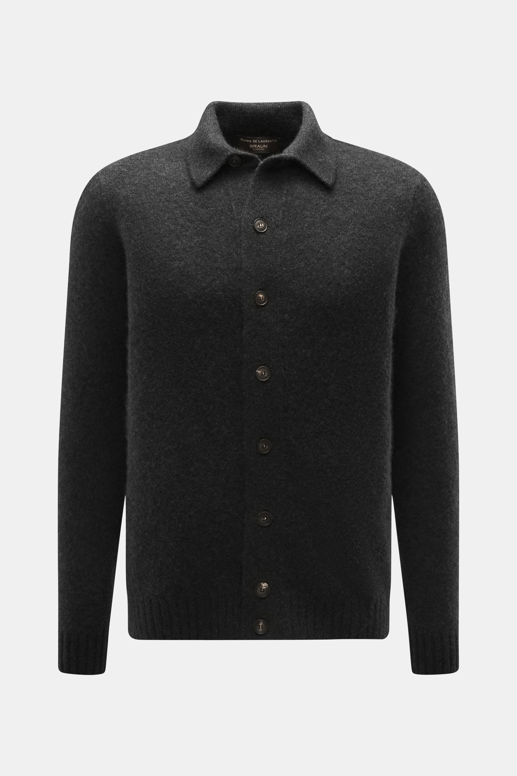 Front view of Filippo de Laurentiis Cardigan dark brown, mix of cashmere, silk, microfiber, very soft voluminous feel, medium-fine knit, oversized fit, turn-down collar, flexible ribbed cuffs.