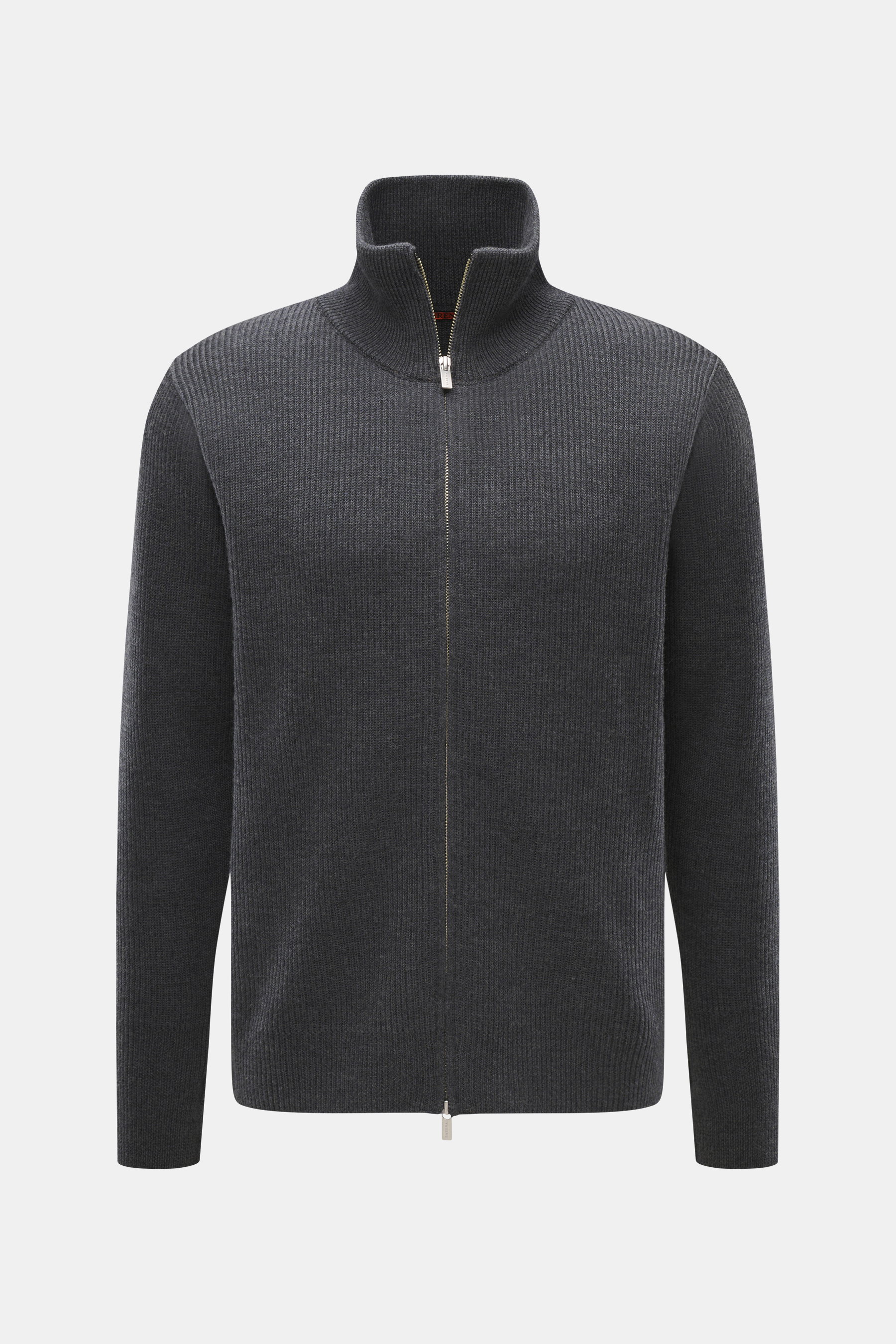Front view of Barena Venezia Cardigan 'Dori Cruna' dark grey melange, knit from pure virgin wool with soft touch, medium-fine rib stitch, slim fit, high collar, two-way zipper, elastic rib cuffs, and wide sleeve cuffs with thumb hole.