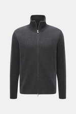 Front view of Barena Venezia Cardigan 'Dori Cruna' dark grey melange, knit from pure virgin wool with soft touch, medium-fine rib stitch, slim fit, high collar, two-way zipper, elastic rib cuffs, and wide sleeve cuffs with thumb hole.