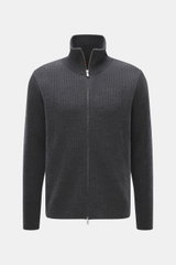 Front view of Barena Venezia Cardigan 'Dori Cruna' dark grey melange, knit from pure virgin wool with soft touch, medium-fine rib stitch, slim fit, high collar, two-way zipper, elastic rib cuffs, and wide sleeve cuffs with thumb hole.