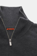 Close-up front view of Barena Venezia Cardigan 'Dori Cruna' dark grey melange, knit from pure virgin wool, soft touch, medium-fine knit pattern, rib stitch, Slim Fit, high collar, two-way zipper, elastic rib cuffs, wide sleeve cuffs with thumb hole.