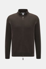 FTC Cashmere Strickjacke dunkelbraun, Frontansicht, Fair-Trade-Cashmere, feines Strickbild, Stehkragen, Zwei-Wege-Reißverschluss, weicher Griff.