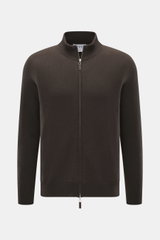 FTC Cashmere Strickjacke dunkelbraun, Frontansicht, Fair-Trade-Cashmere, feines Strickbild, Stehkragen, Zwei-Wege-Reißverschluss, weicher Griff.