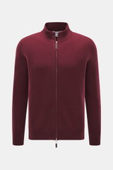 FTC Cashmere Strickjacke bordeaux, frontal fotografiert, mit verdecktem Zwei-Wege-Reißverschluss, geripptem Stehkragen, weichem Fair-Trade-Cashmere, Regular Fit.