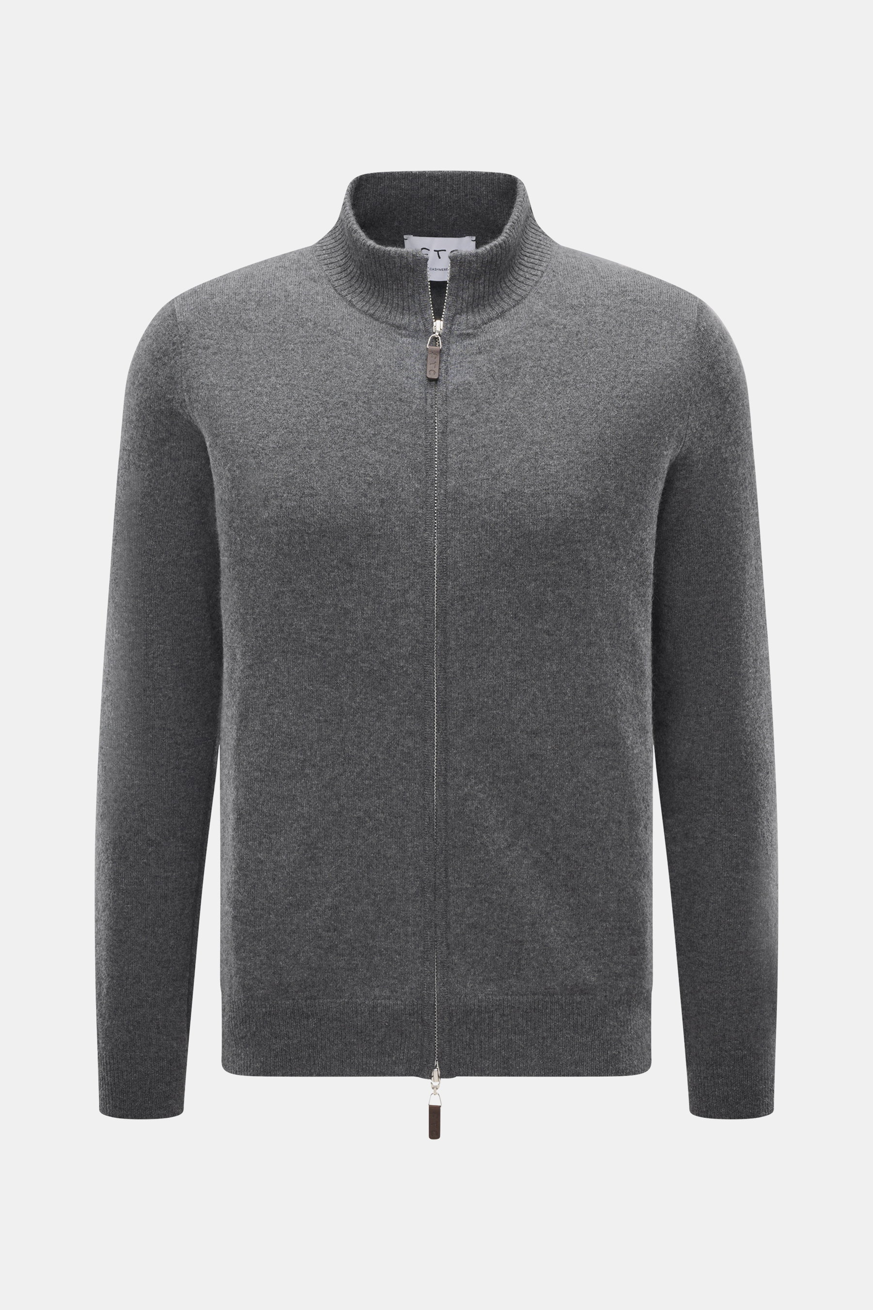 FTC Cashmere Strickjacke dunkelgrau meliert, Frontansicht, Fair-Trade-Cashmere, OEKO-TEX® zertifiziert, feines Strickbild, Stehkragen, flexibler Rippbündchen, verdeckter Zwei-Wege-Reißverschluss mit Leder-Logo.