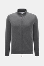 FTC Cashmere Strickjacke dunkelgrau meliert, Frontansicht, Fair-Trade-Cashmere, OEKO-TEX® zertifiziert, feines Strickbild, Stehkragen, flexibler Rippbündchen, verdeckter Zwei-Wege-Reißverschluss mit Leder-Logo.