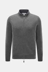 FTC Cashmere Strickjacke dunkelgrau meliert, Frontansicht, Fair-Trade-Cashmere, OEKO-TEX® zertifiziert, feines Strickbild, Stehkragen, flexibler Rippbündchen, verdeckter Zwei-Wege-Reißverschluss mit Leder-Logo.