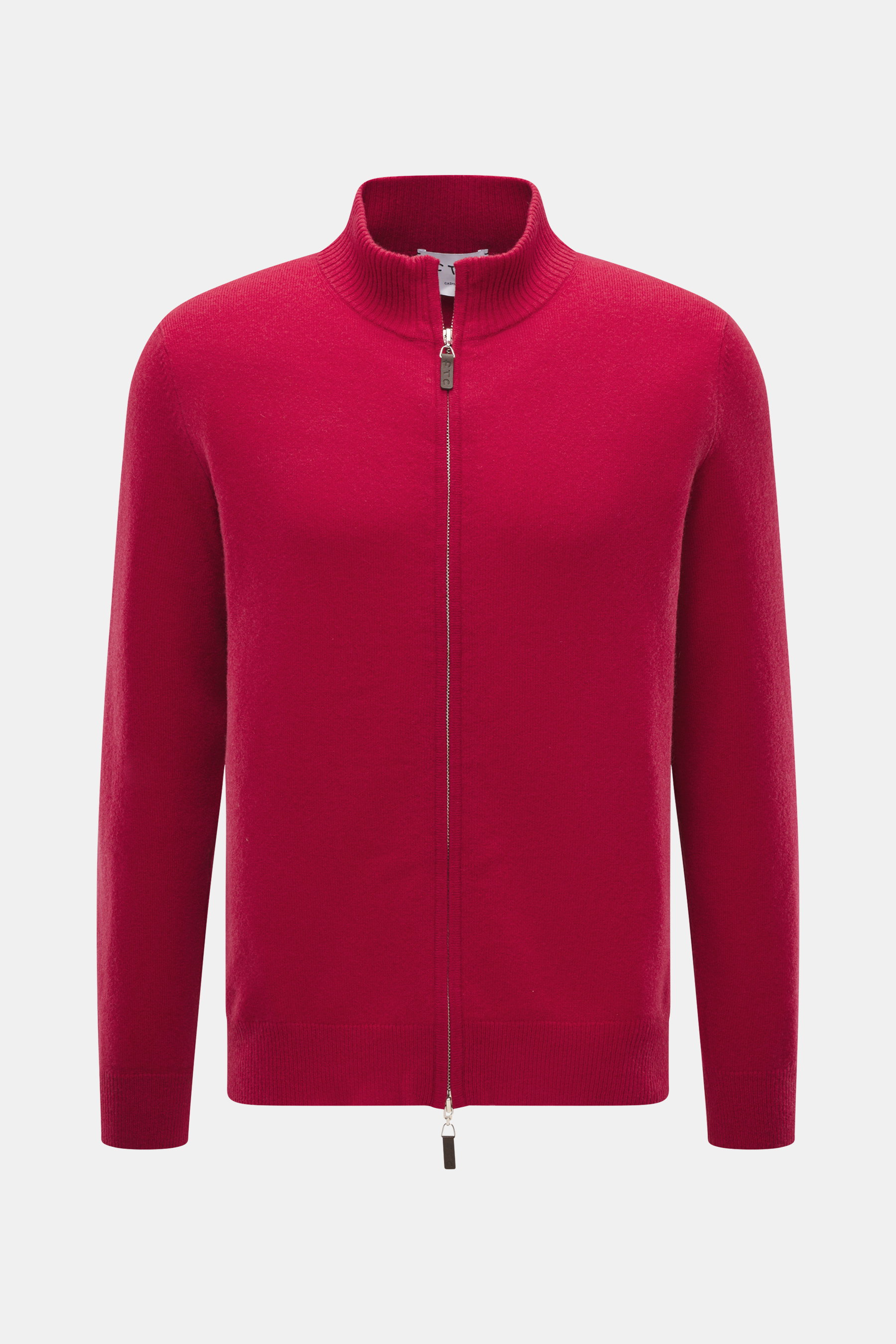 FTC Cashmere Strickjacke rot, Frontansicht mit verdecktem Zwei-Wege-Reißverschluss, Stehkragen, weicher Fair-Trade-Cashmere, Regular Fit.