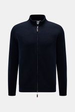 FTC Cashmere cardigan navy displayed frontally, showing slim fit, ribbed standing collar, concealed two-way zip with leather logo detail, fine knit, soft fair trade cashmere.  
Fair Trade cashmere, timeless design: This cardigan by FTC has been sustainabl