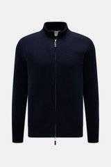 FTC Cashmere cardigan navy displayed frontally, showing slim fit, ribbed standing collar, concealed two-way zip with leather logo detail, fine knit, soft fair trade cashmere.  
Fair Trade cashmere, timeless design: This cardigan by FTC has been sustainabl