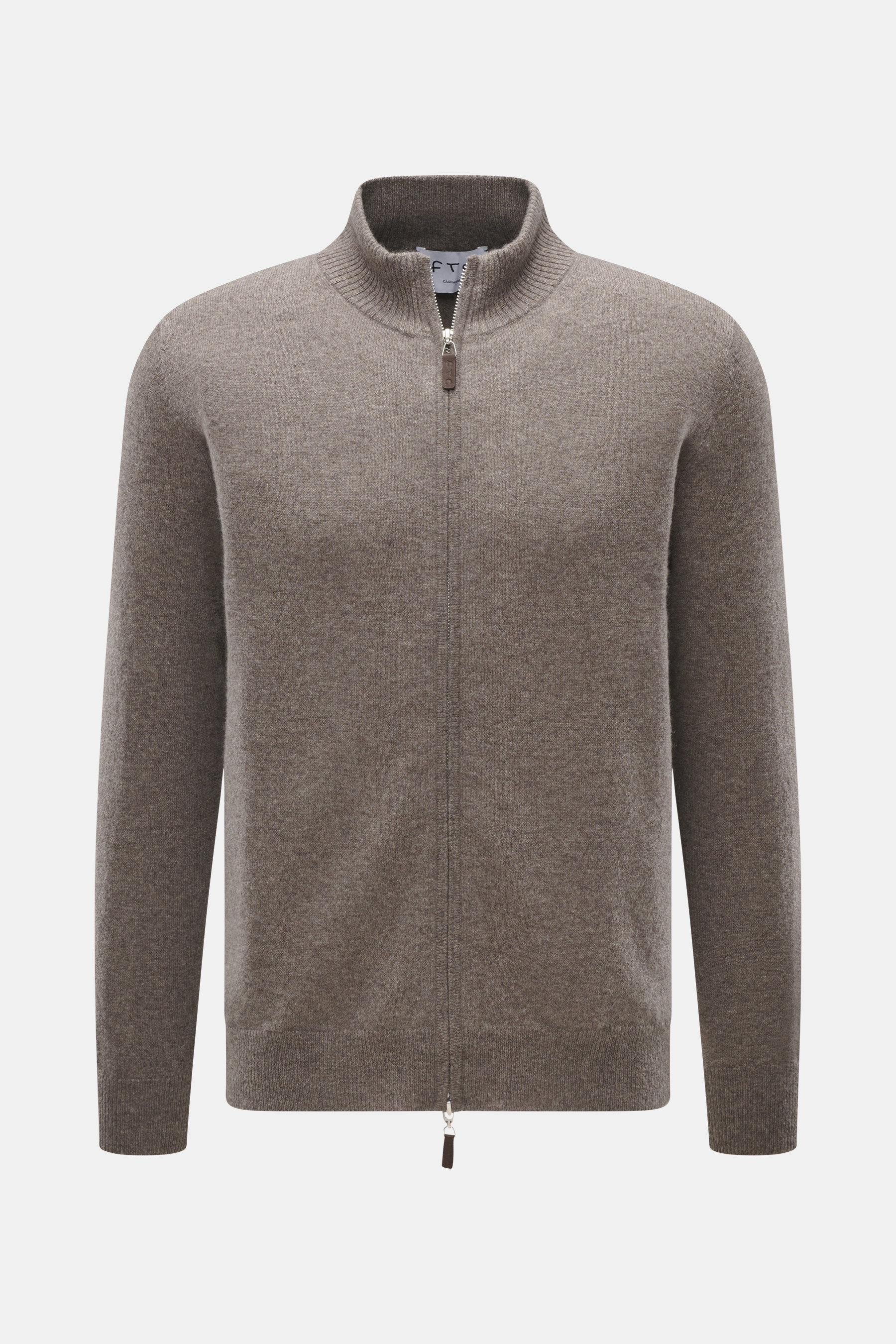 FTC Cashmere Strickjacke taupe meliert, frontal fotografiert, mit verdecktem Zwei-Wege-Reißverschluss, geripptem Stehkragen, weichem Fair-Trade-Cashmere, Regular Fit.