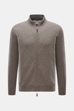FTC Cashmere Strickjacke taupe meliert, frontal fotografiert, mit verdecktem Zwei-Wege-Reißverschluss, geripptem Stehkragen, weichem Fair-Trade-Cashmere, Regular Fit.