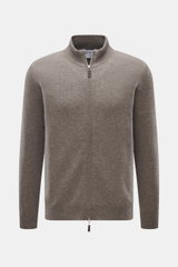FTC Cashmere Strickjacke taupe meliert, frontal fotografiert, mit verdecktem Zwei-Wege-Reißverschluss, geripptem Stehkragen, weichem Fair-Trade-Cashmere, Regular Fit.