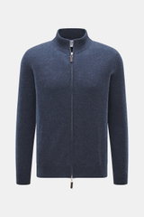 FTC Cashmere Strickjacke graublau meliert, Frontansicht, Fair-Trade-Cashmere, weicher Griff, feines Strickbild, Regular Fit, Stehkragen, Zwei-Wege-Reißverschluss mit Leder-Logo.