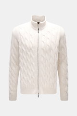 Front view of Moorer Cashmere-silk cardigan 'Dean' off-white, slim fit with medium fine knit, classic cable knit, two-way zipper, ribbed collar and cuffs, soft feel.