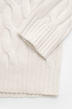 Close-up front view of Moorer Cashmere-silk cardigan 'Dean' off-white showing medium fine knit pattern, classic cable knit design, ribbed stand-up collar, and flexible ribbed cuffs, made from a mix of cashmere and silk with a very soft feel, slim fit, and
