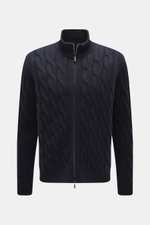 Front view of Moorer Cashmere-silk cardigan 'Dean' navy, slim fit with classic cable knit, medium fine pattern, soft feel, ribbed collar and cuffs, two-way zipper.