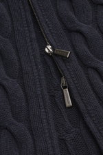 Close-up front view of Moorer Cashmere-silk cardigan 'Dean' navy showing two-way zipper, classic cable knit, medium fine knit, ribbed stand-up collar, flexible ribbed cuffs, slim fit, mix of cashmere and silk, very soft feel.