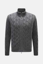 Front view of Moorer Cashmere-silk cardigan 'Dean' dark grey melange with slim fit, classic cable knit, medium fine pattern, two-way zipper, ribbed stand-up collar, flexible ribbed cuffs, and very soft feel from a mix of cashmere and silk.