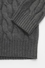 Close-up top-down view of Moorer Cashmere-silk cardigan 'Dean' dark grey melange, showing mix of cashmere and silk, very soft feel, medium fine knit pattern, classic cable knit design, slim fit, two-way zipper, ribbed stand-up collar, and flexible ribbed 