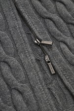 Close-up front view of Moorer Cashmere-silk cardigan 'Dean' dark grey melange with medium fine cable knit, two-way zipper, ribbed stand-up collar, slim fit, and flexible ribbed cuffs, showing mix of cashmere and silk and very soft feel.