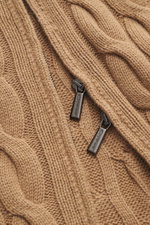 Close-up front view of Moorer Cashmere-silk cardigan 'Dean' light brown showing medium fine knit, classic cable knit, two-way zipper, ribbed stand-up collar, and flexible ribbed cuffs with a very soft feel, slim fit, and mix of cashmere and silk.