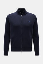 Front view of Polo Ralph Lauren Cardigan navy mottled in fine pure cotton rib knit, featuring a high collar, two-way zip, slanted pockets, and elasticated cuffs. Timeless knit basic: With this cardigan in pure cotton, POLO RALPH LAUREN has created a versa