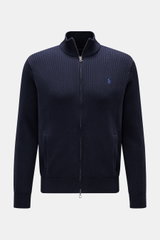 Front view of Polo Ralph Lauren Cardigan navy mottled in fine pure cotton rib knit, featuring a high collar, two-way zip, slanted pockets, and elasticated cuffs. Timeless knit basic: With this cardigan in pure cotton, POLO RALPH LAUREN has created a versa