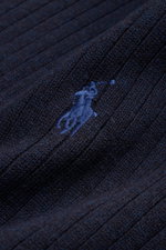 Close-up angled view of the Polo Ralph Lauren Cardigan navy mottled showing fine rib knit texture and embroidered logo on pure cotton fabric.