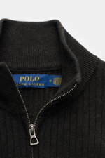 Close-up front view of Polo Ralph Lauren Cardigan anthracite showing ribbed texture, high collar, and branded zipper pull. 

<p>This ribbed cardigan in pure cotton by POLO RALPH LAUREN adds an extra layer of comfort from spring to winter. With a concealed
