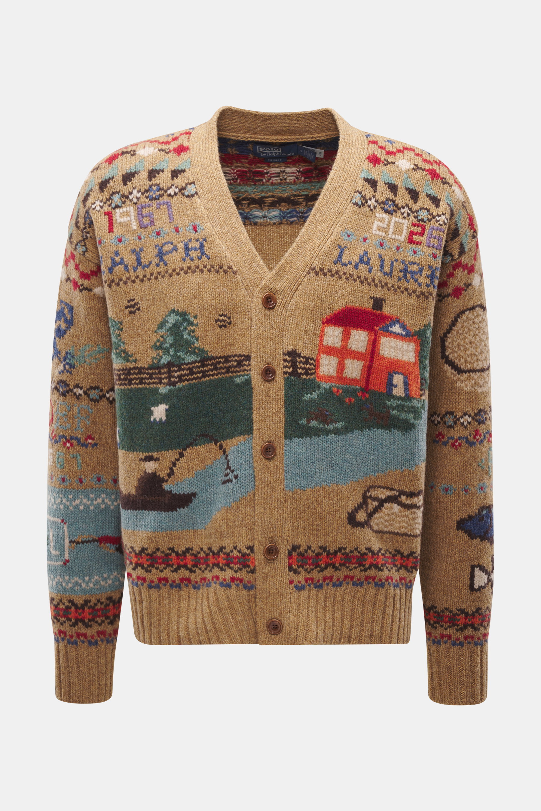Front view of Polo Ralph Lauren Cardigan light brown/multicolor patterned with intarsia knit made of pure wool, textured medium-fine knit, Regular Fit, five-button placket, elastic ribbed cuffs, featuring a preppy design with scenic and numeric patterns, 
