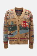 Front view of Polo Ralph Lauren Cardigan light brown/multicolor patterned with intarsia knit made of pure wool, textured medium-fine knit, Regular Fit, five-button placket, elastic ribbed cuffs, featuring a preppy design with scenic and numeric patterns, 