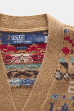 Polo Ralph Lauren Cardigan light brown/multicolor patterned shown from above, intarsia knit pure wool, textured feel, medium-fine knit, Regular Fit, five-button placket, elastic ribbed cuffs.