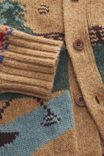 Close-up front view of Polo Ralph Lauren Cardigan light brown/multicolor patterned showing wool intarsia knit texture, five-button placket, and elastic ribbed cuffs. With this patterned cardigan made of pure wool in intarsia knit, POLO RALPH LAUREN offers