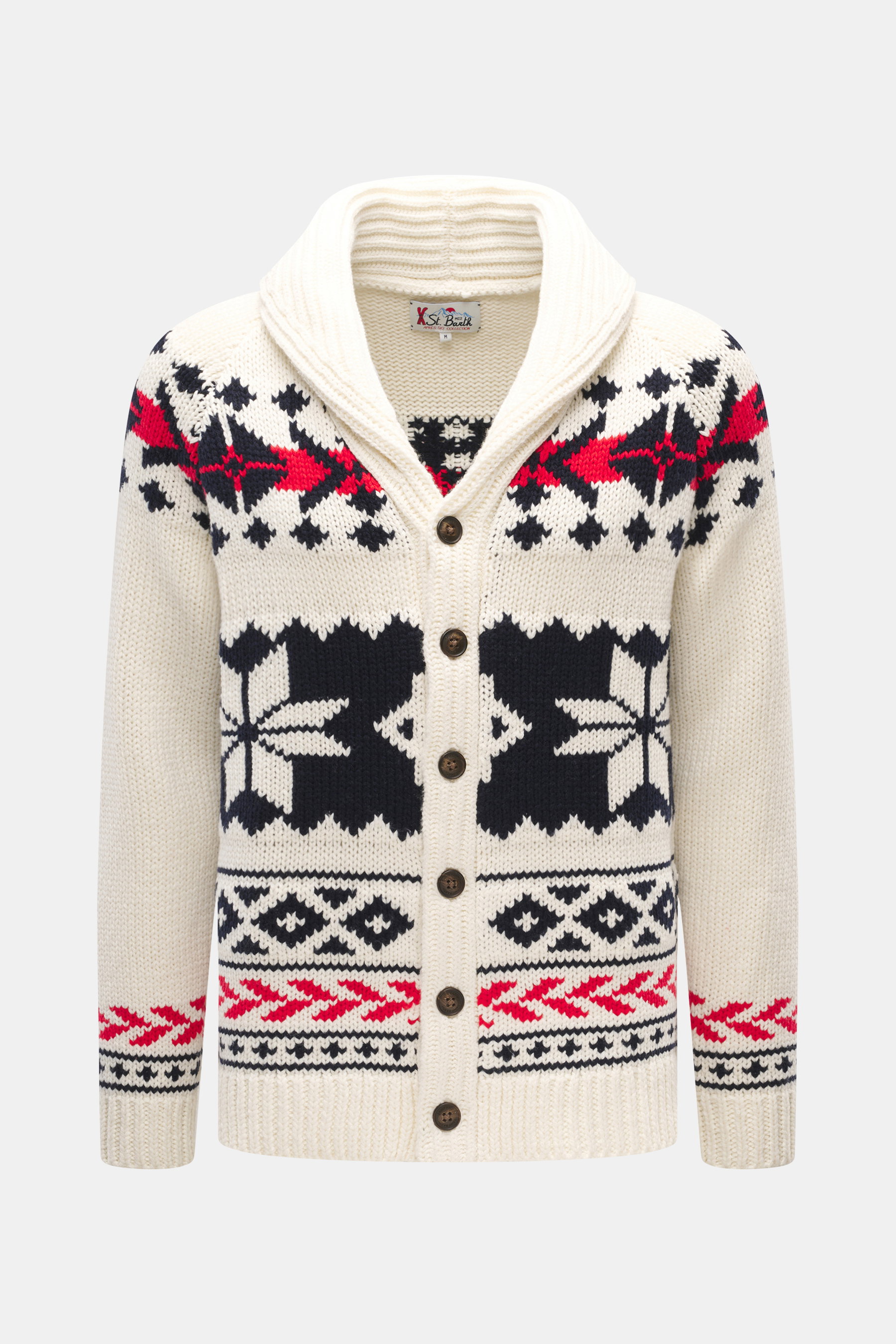 Front view of MC2 Saint Barth Cardigan cream/navy/red patterned with Norwegian design, shawl collar, six-button placket, and ribbed cuffs.

Description: <p>Be well prepared for winter! This is guaranteed with this cardigan by MC2 SAINT BARTH in very heavy