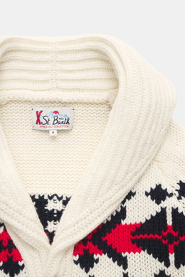 Close-up front view of MC2 Saint Barth Cardigan cream/navy/red patterned showing shawl collar and knit details.

Description: <p>Be well prepared for winter! This is guaranteed with this cardigan by MC2 SAINT BARTH in very heavy quality with a Norwegian d