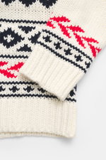 Alt tag (125 characters max):
Close-up top view of MC2 Saint Barth Cardigan cream/navy/red patterned sleeve showing heavy knit, ribbed cuff, and Norwegian design.

Additional description:
<p>Be well prepared for winter! This is guaranteed with this cardig