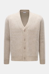 Front view of 04651/ A trip in a bag Cardigan beige/sand patterned, rib knit wool and cashmere, soft feel, medium-fine texture, subtle Norwegian pattern, Regular Fit, V-neck, four-button placket, ribbed cuffs.