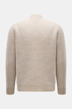 Back view of 04651/ A trip in a bag Cardigan beige/sand patterned, rib knit wool and cashmere, soft feel, medium-fine knit, subtle Norwegian pattern, Regular Fit, V-neck, four-button placket, ribbed cuffs.