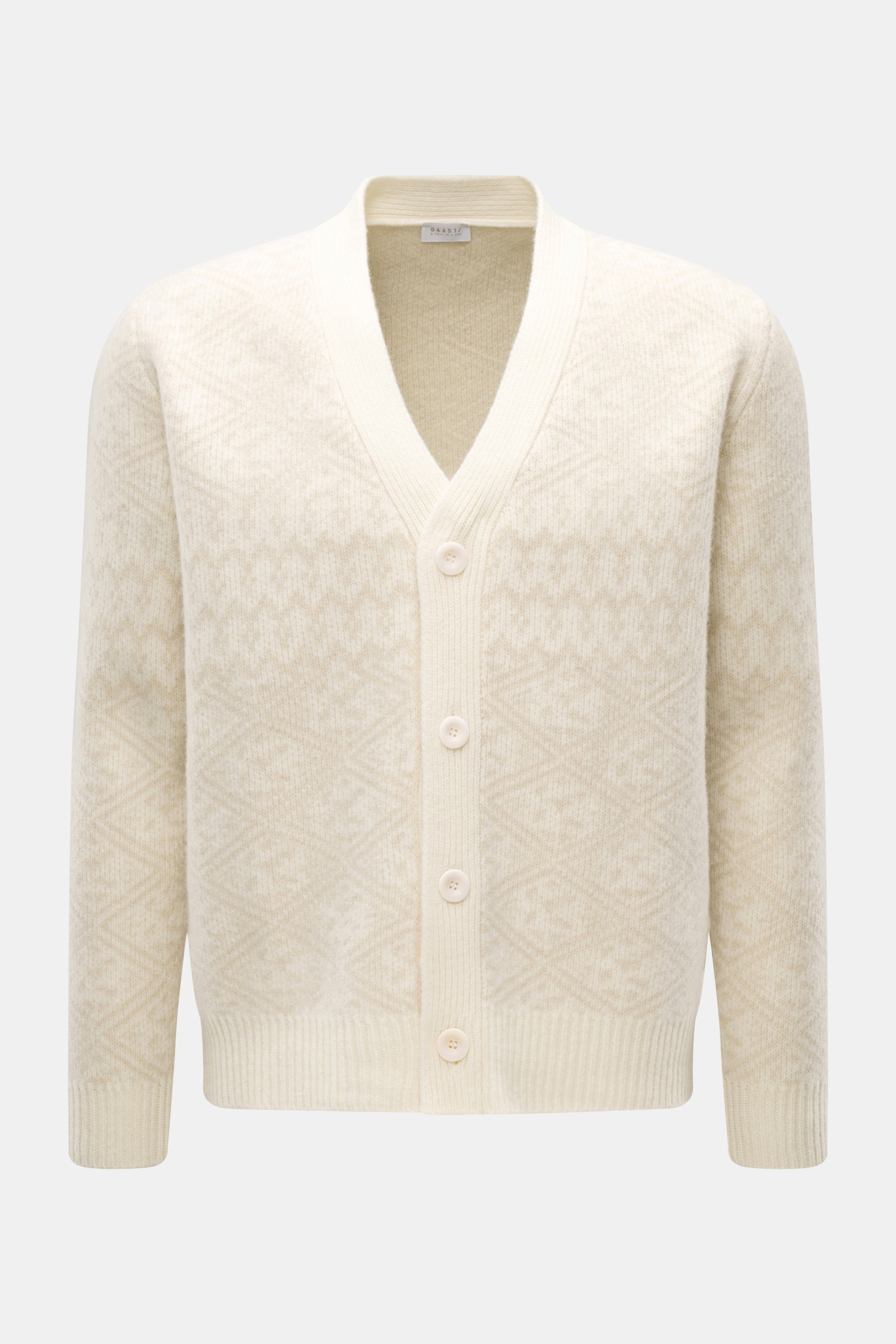 Vorderansicht des 04651/ A trip in a bag Cardigan creme/beige gemustert mit Patentstrick aus Wolle und Cashmere, weichem Griff, mittelfeinem Strickbild, dezentem Norweger-Muster, Regular Fit, V-Ausschnitt, Vier-Knopf-Leiste und komfortablen Rippbündchen.